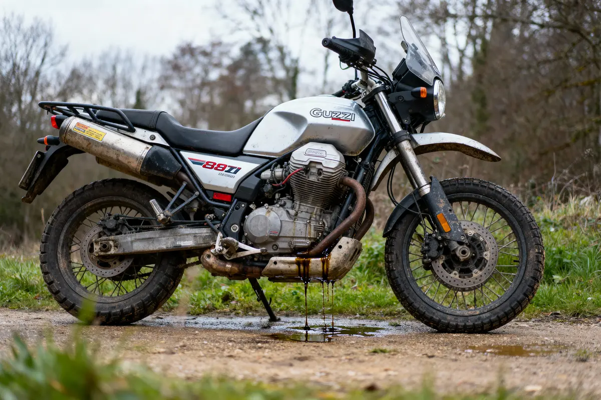 Moto blanche et noire sur chemin boueux, fuite d'huile visible dessous. Arrière-plan avec arbres flous.