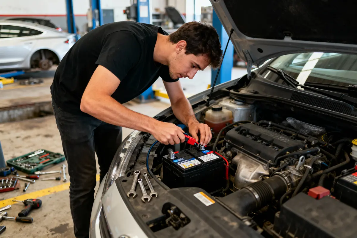 Mécanicien vérifiant la batterie d'une voiture dans un atelier, outils à proximité, capot ouvert.