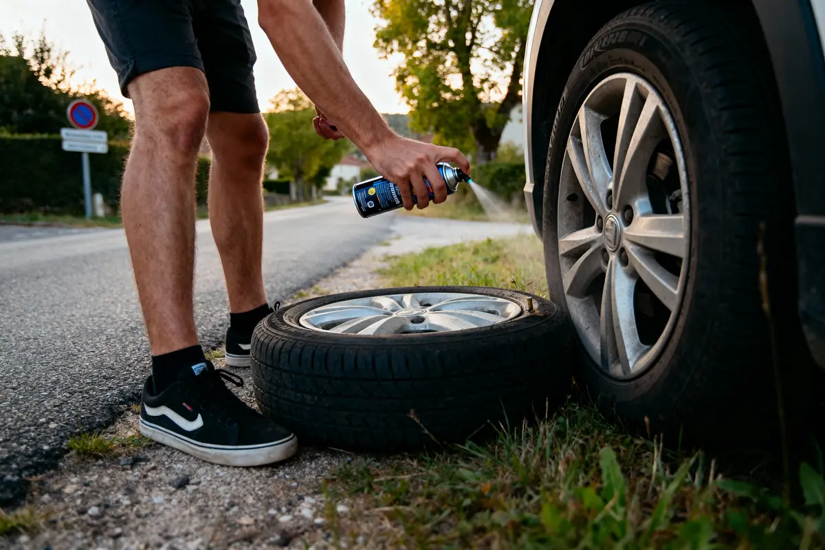 Homme appliquant un produit en spray sur une roue de voiture sur le bord de la route.
