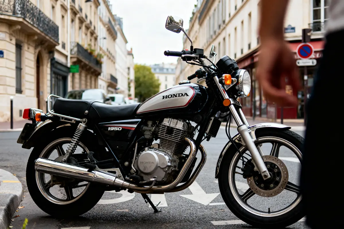 Moto Honda 1950 garée dans une rue urbaine entourée de bâtiments. Passant flou au premier plan.