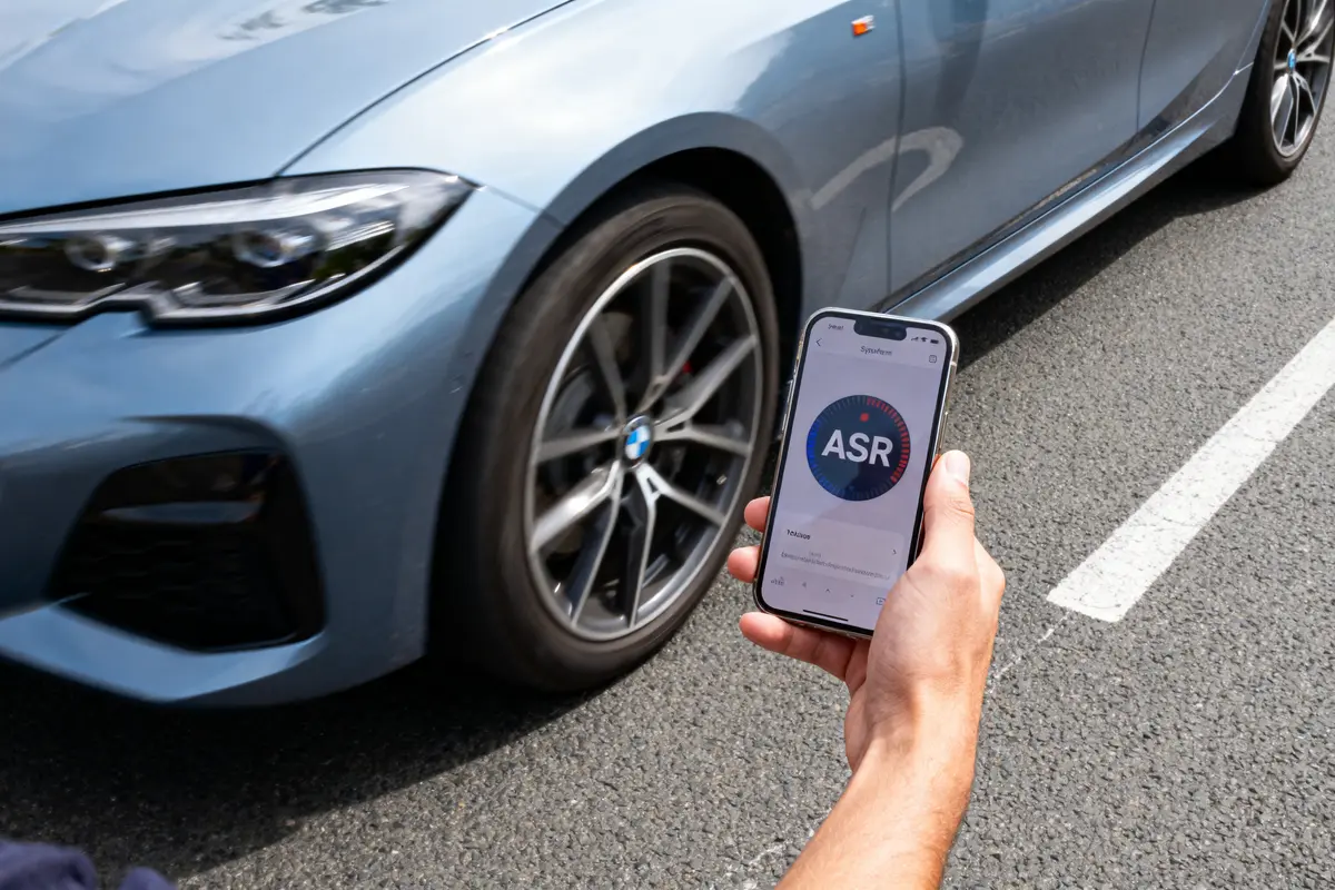Main tenant un smartphone montrant l'application ASR devant une voiture bleue sur la route.