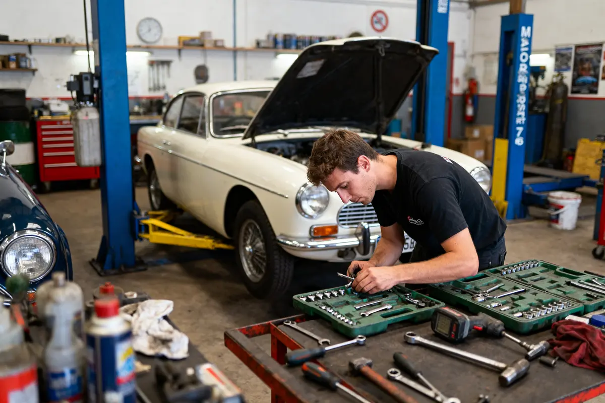 Un mécanicien travaille dans un garage automobile, voiture classique sur un pont élévateur, divers outils autour.