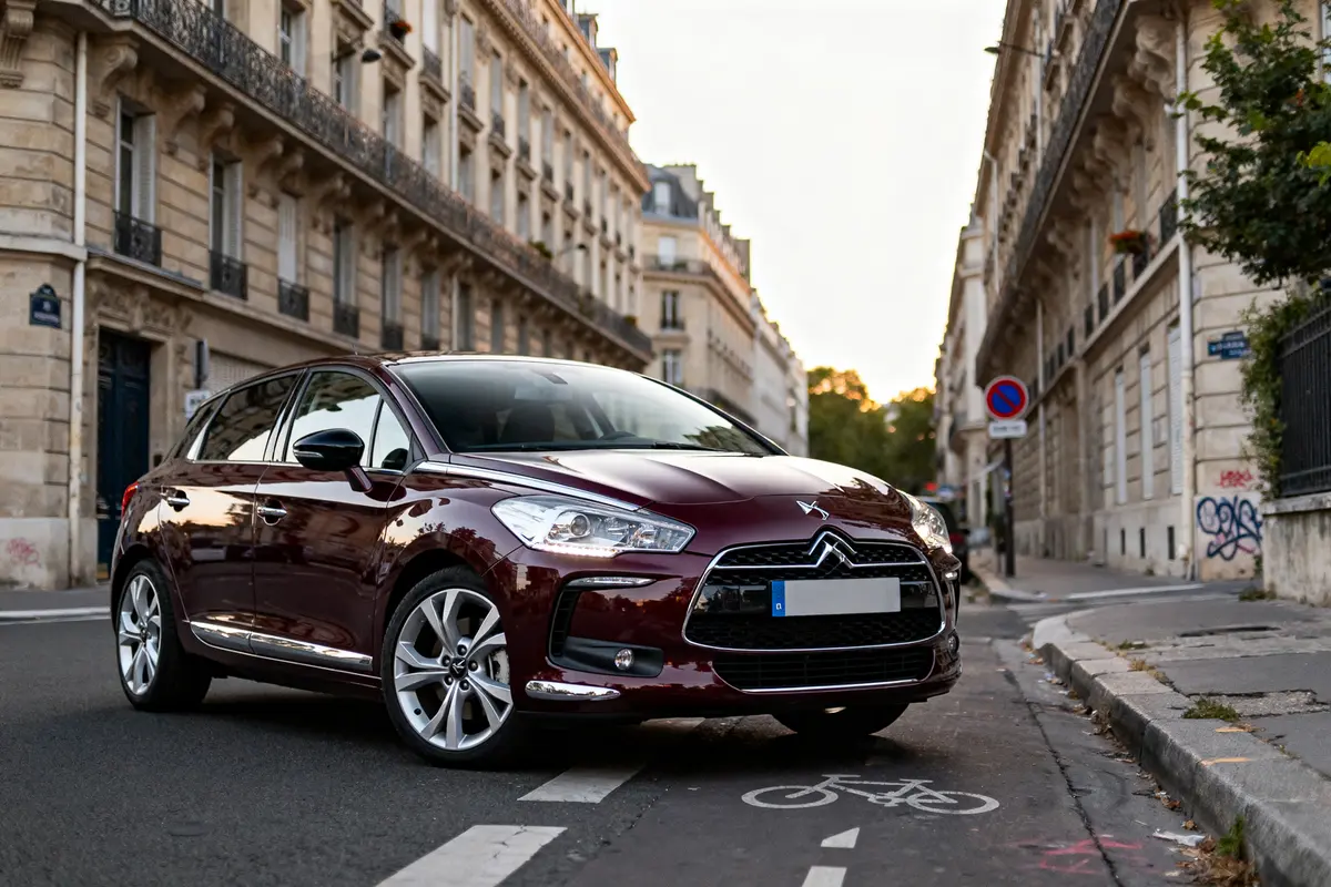 Voiture Citroën bordeaux garée sur voie cyclable dans rue parisienne, bâtiments haussmanniens en arrière-plan.
