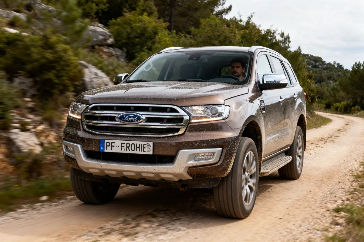 SUV Ford marron roulant sur un chemin de terre, entouré de verdure et de rochers.