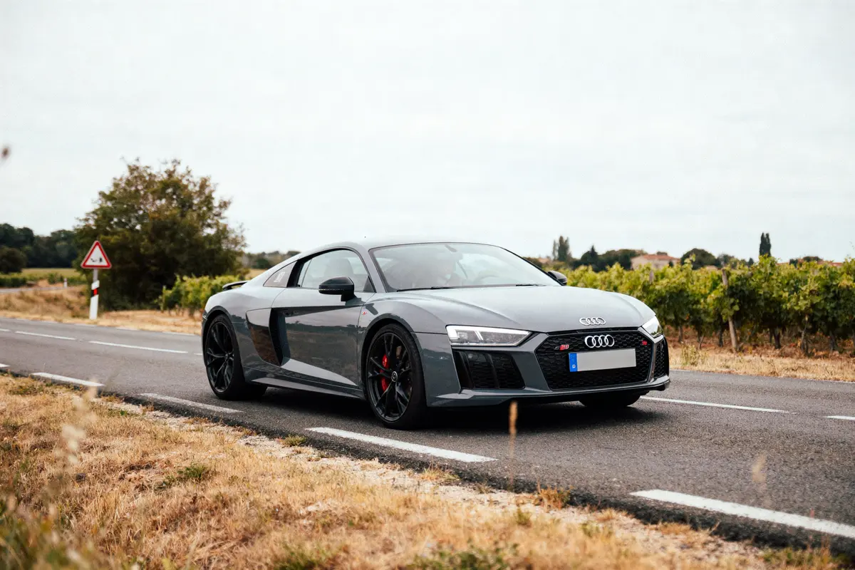 Voiture de sport grise Audi sur route de campagne, arbres et vignes en arrière-plan.