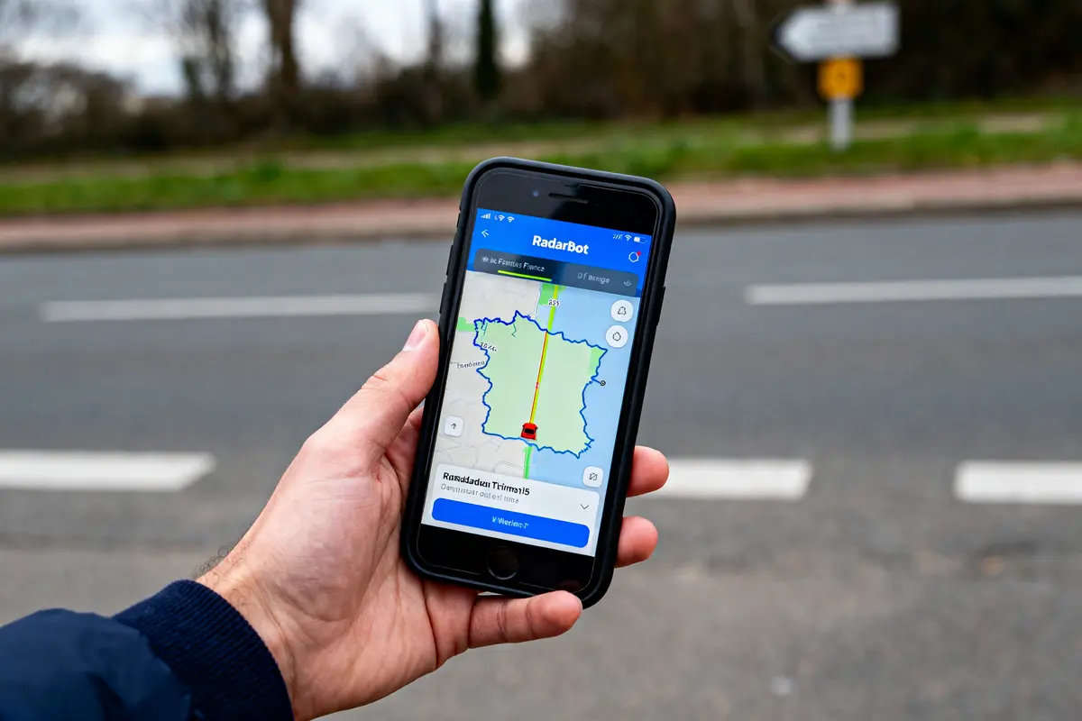 Personne tenant un téléphone affichant une application de carte routière avec itinéraire en France.