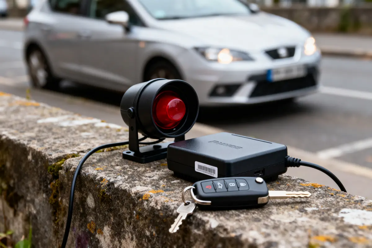 Clé de voiture, dispositif électronique et capteur rouge sur un muret, voiture floue en arrière-plan.