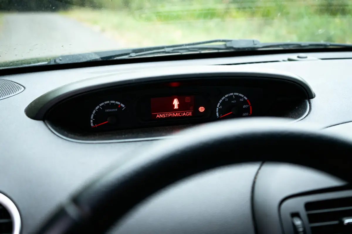 Tableau de bord de voiture avec voyant allumé et cadrans. Volant visible au premier plan.