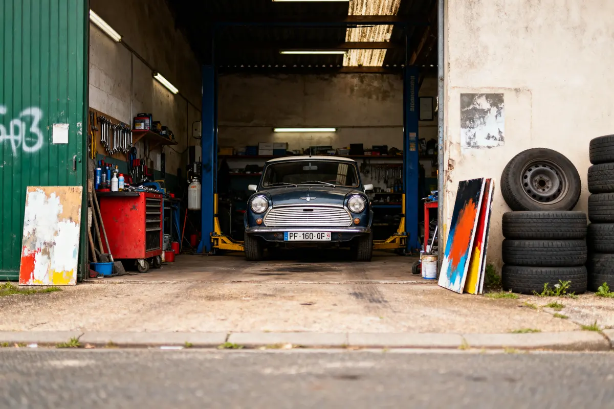 Vieille voiture classique dans un garage, entourée d'outils, pneus empilés et peintures colorées sur bois.