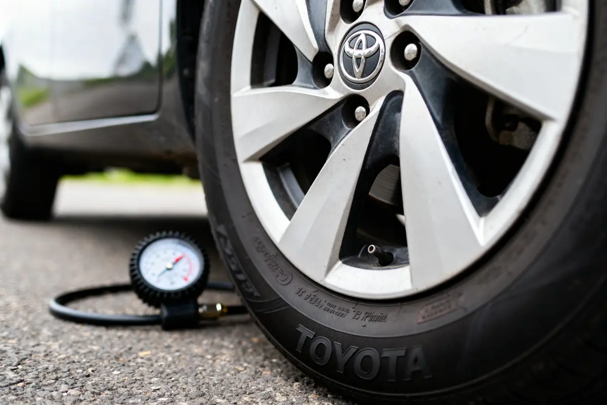 Roue de voiture Toyota avec manomètre, sur route asphaltée.