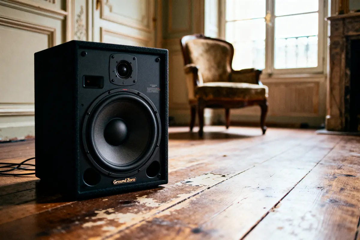 Enceinte noire sur parquet en bois, fauteuil ancien en arrière-plan, lumière naturelle.