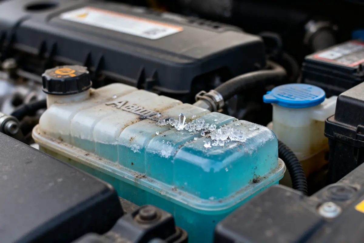 Réservoir de liquide de refroidissement de voiture, contenant un liquide bleu avec cristaux de glace sur le dessus.