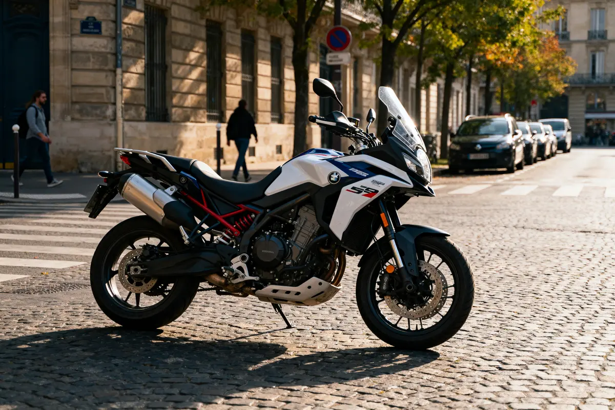 Moto F900XR garée sur rue pavée avec arbres et immeubles en arrière-plan