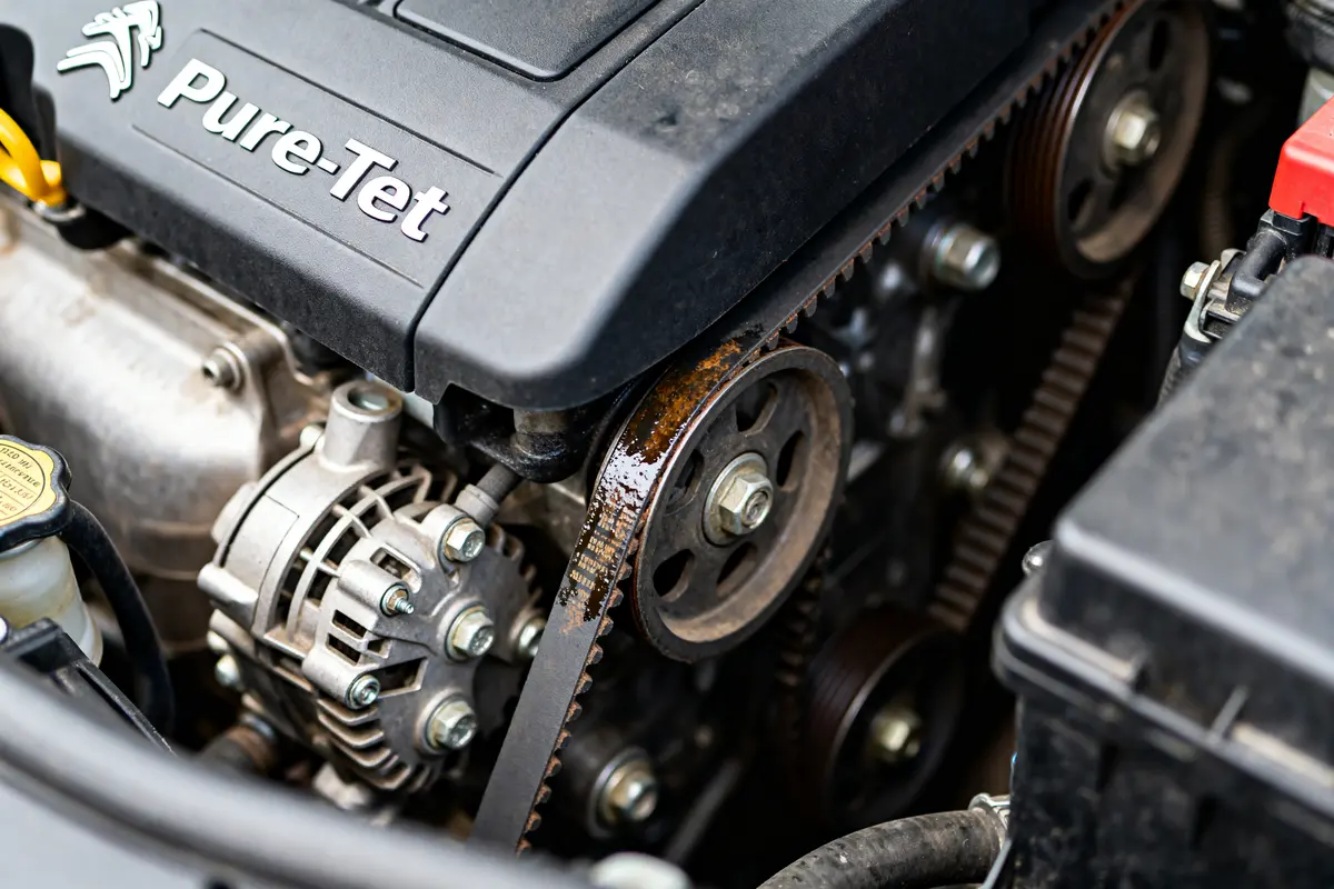 Gros plan sur le moteur PureTech avec courroie apparente avis sur le moteur PureTech