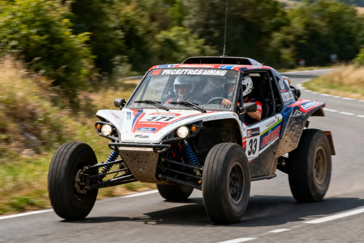Buggy de course rapide sur route sinueuse avec deux pilotes casqués en action