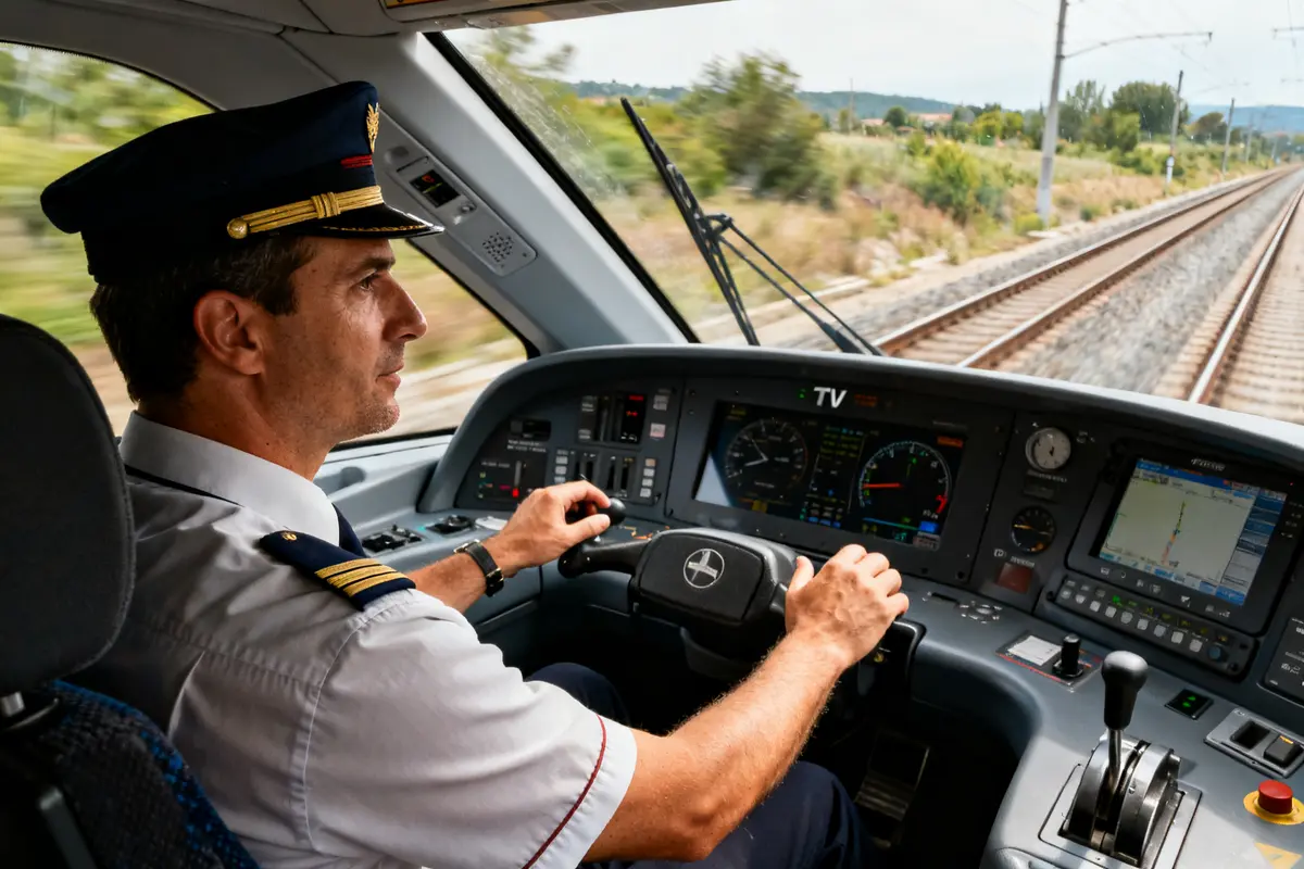 Conducteur de TGV concentré dans la cabine du train en mouvement sur les rails