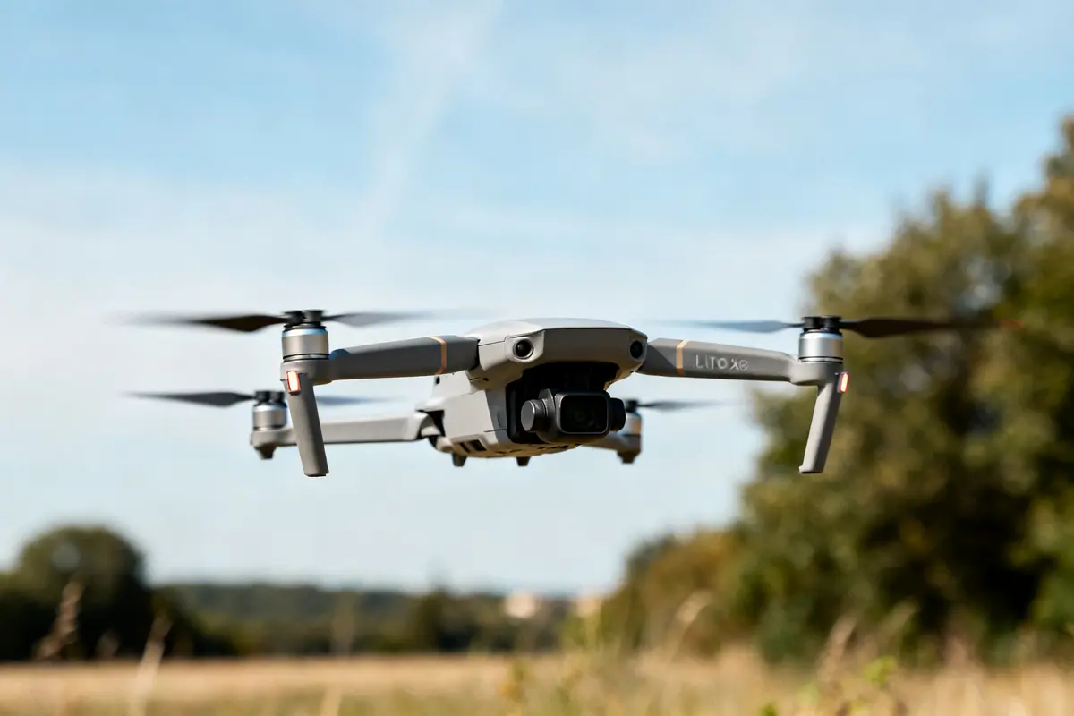 Drone DJI volant en extérieur sur fond de ciel bleu et paysage naturel