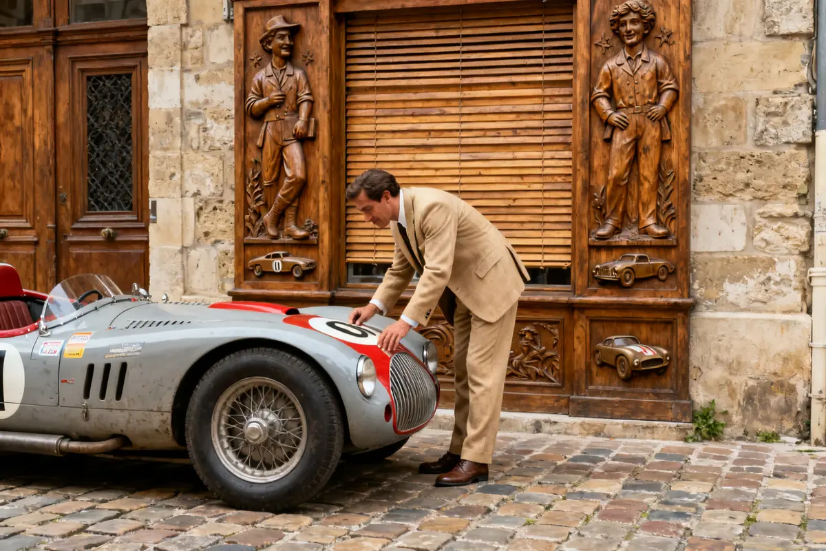 Un homme inspecte une voiture vintage devant la Boiserie décorative sculptée en bois.