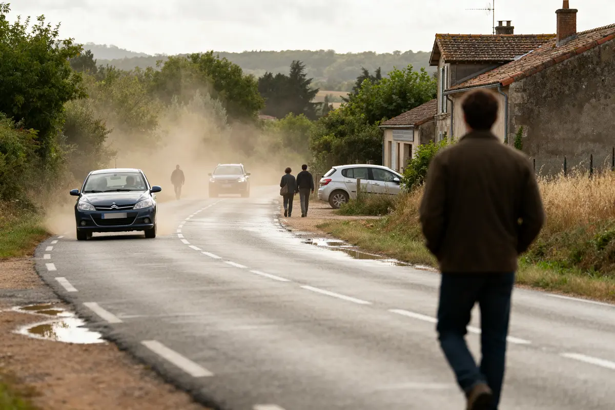 Voitures et piétons sur route de campagne illustrant les limitations de vitesse en 2025