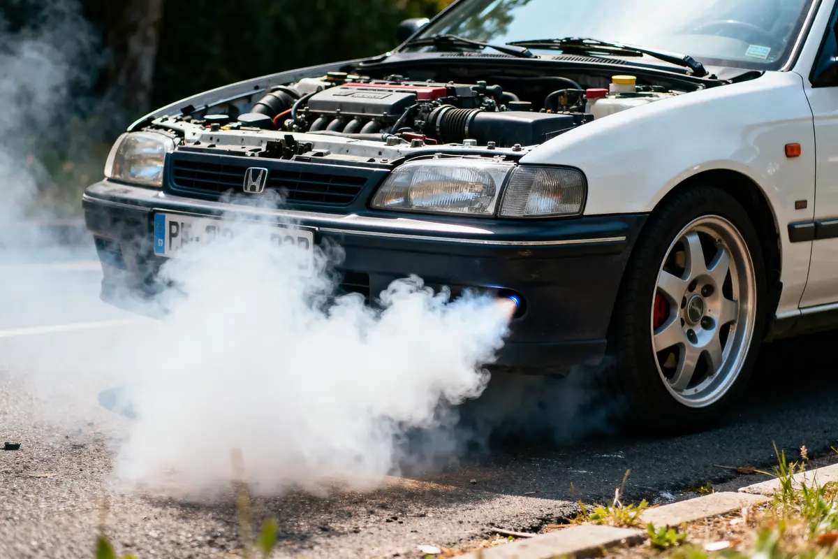 Ma voiture fume blanc et sent mauvais avec capot ouvert et fumée dense avant