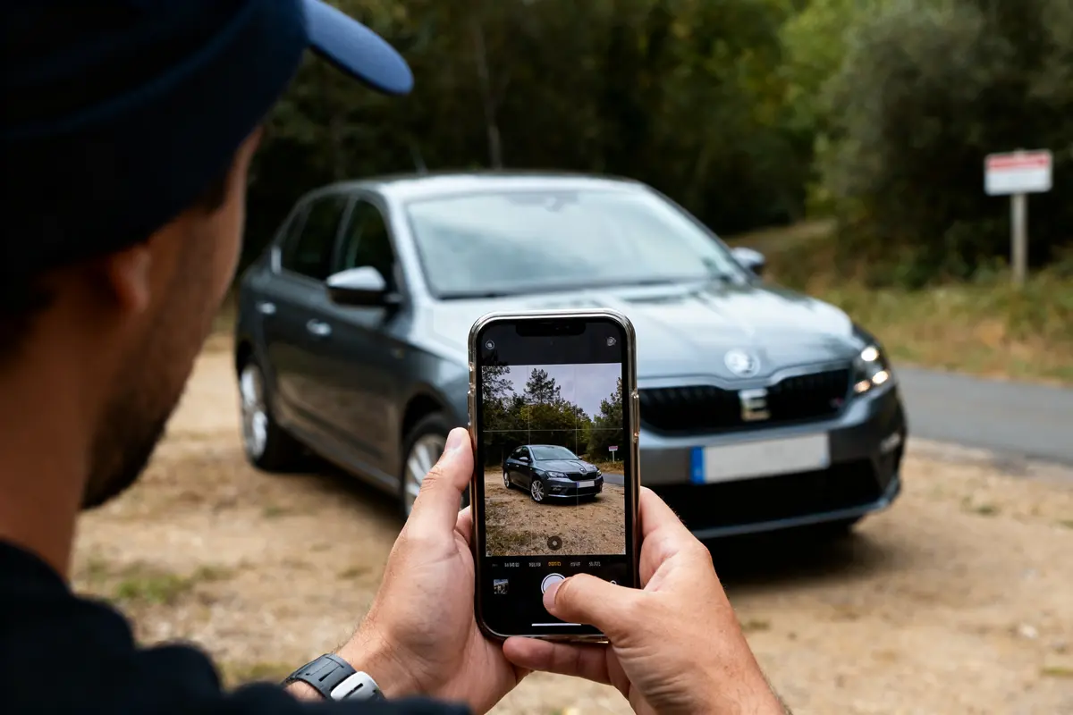 Personne photographiant une voiture de marque en E garée en plein air avec un smartphone