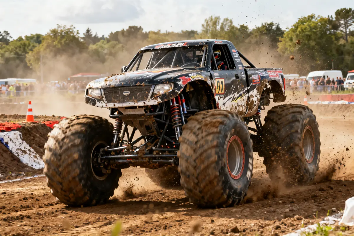 Monster truck participant à une course sur piste boueuse avec public en arrière-plan