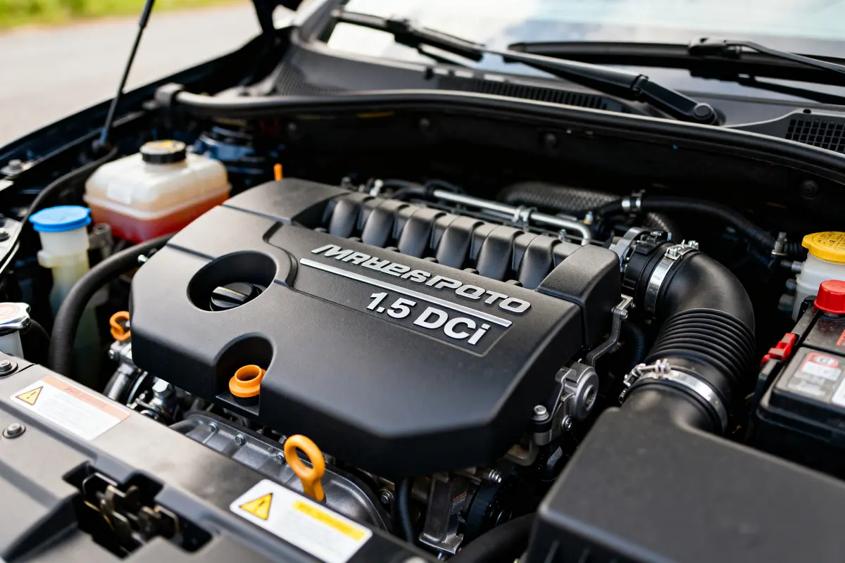 Capot ouvert révélant moteur 1.5 dCi avec composants et fluides automobiles visibles