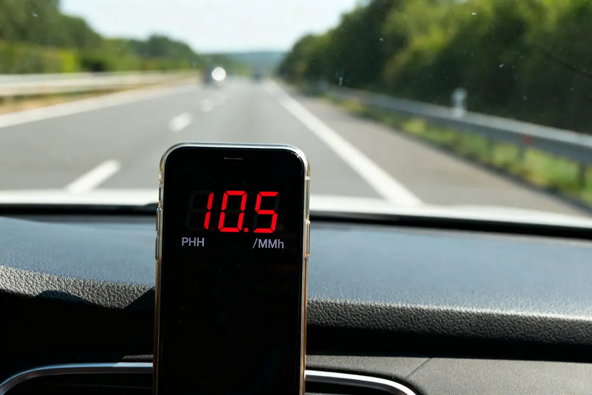 Compteur de vitesse affichant 10.5 mph en kmh sur une route dégagée