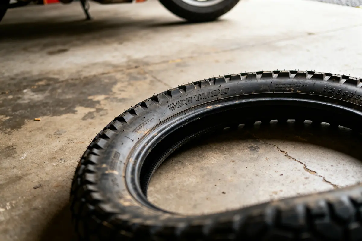 Pneu pas cher pour moto posé dans un garage sur sol en béton