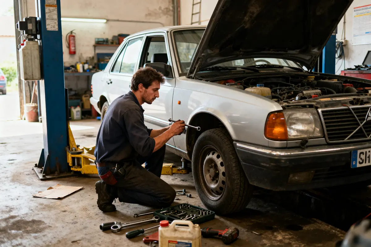 Mécanicien réparant une voiture surélevée, illustrant le prix de main-d'œuvre en garage.