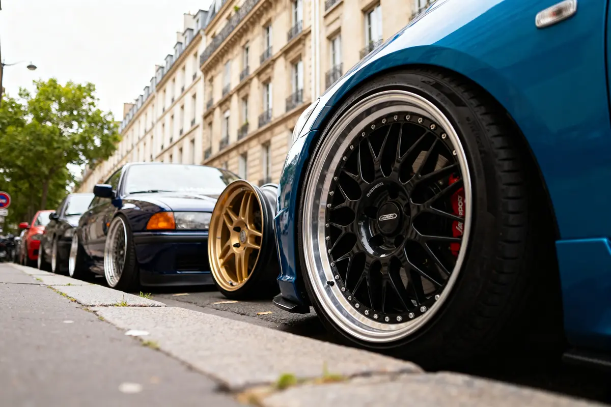 Voitures avec jantes personnalisées en ville discutant du prix d'un covering de jantes