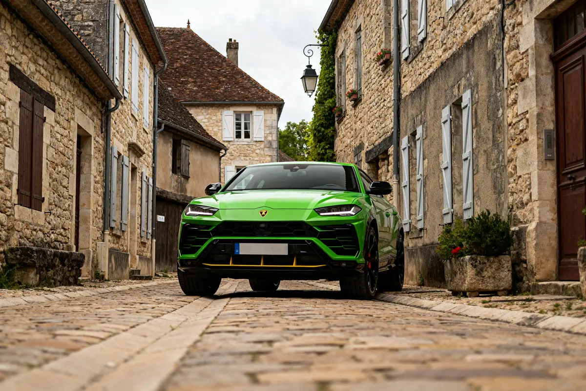 Lamborghini Urus verte dans une rue pavée représente le prix d'une Lamborghini Urus.