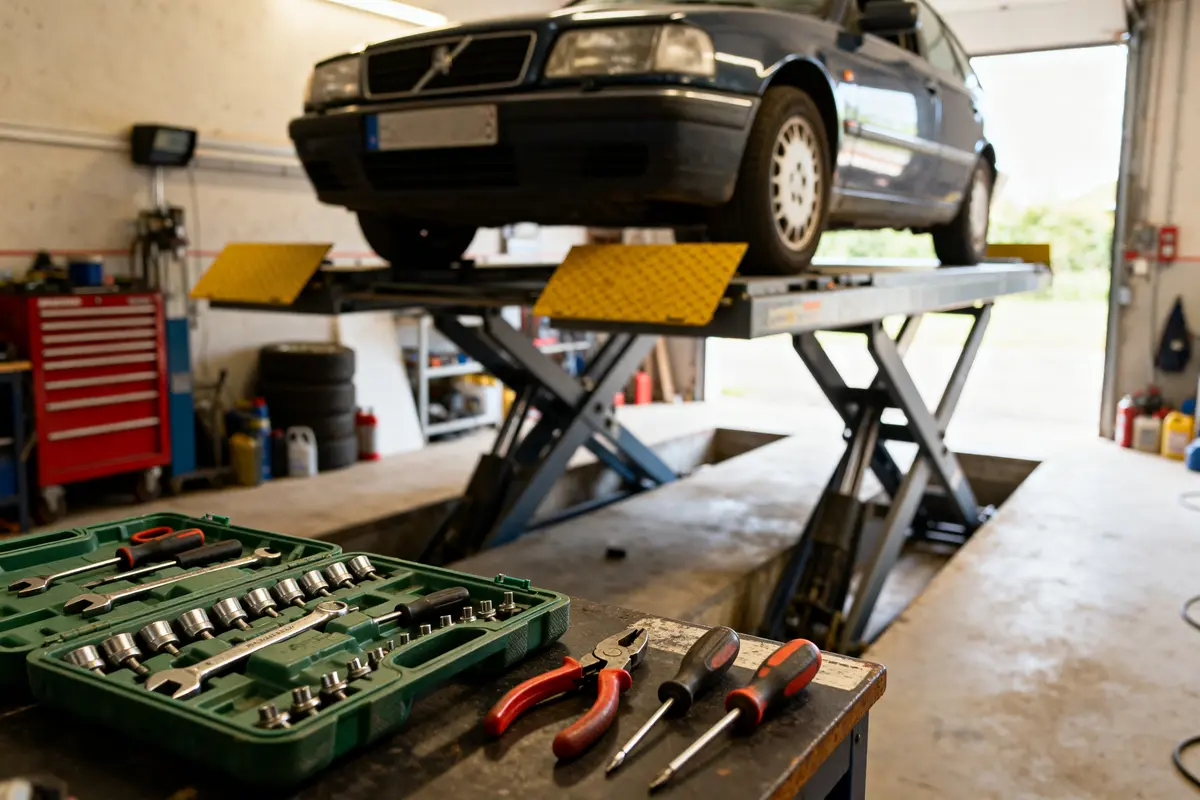 Voiture sur un pont élévateur avec outils pour prix main d'œuvre garage compétitif