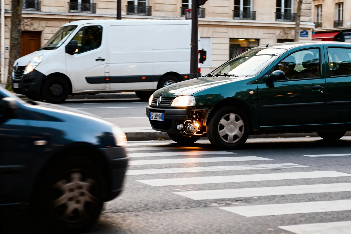 Voiture avec avant endommagé sur la route, motorisation start and stop visible