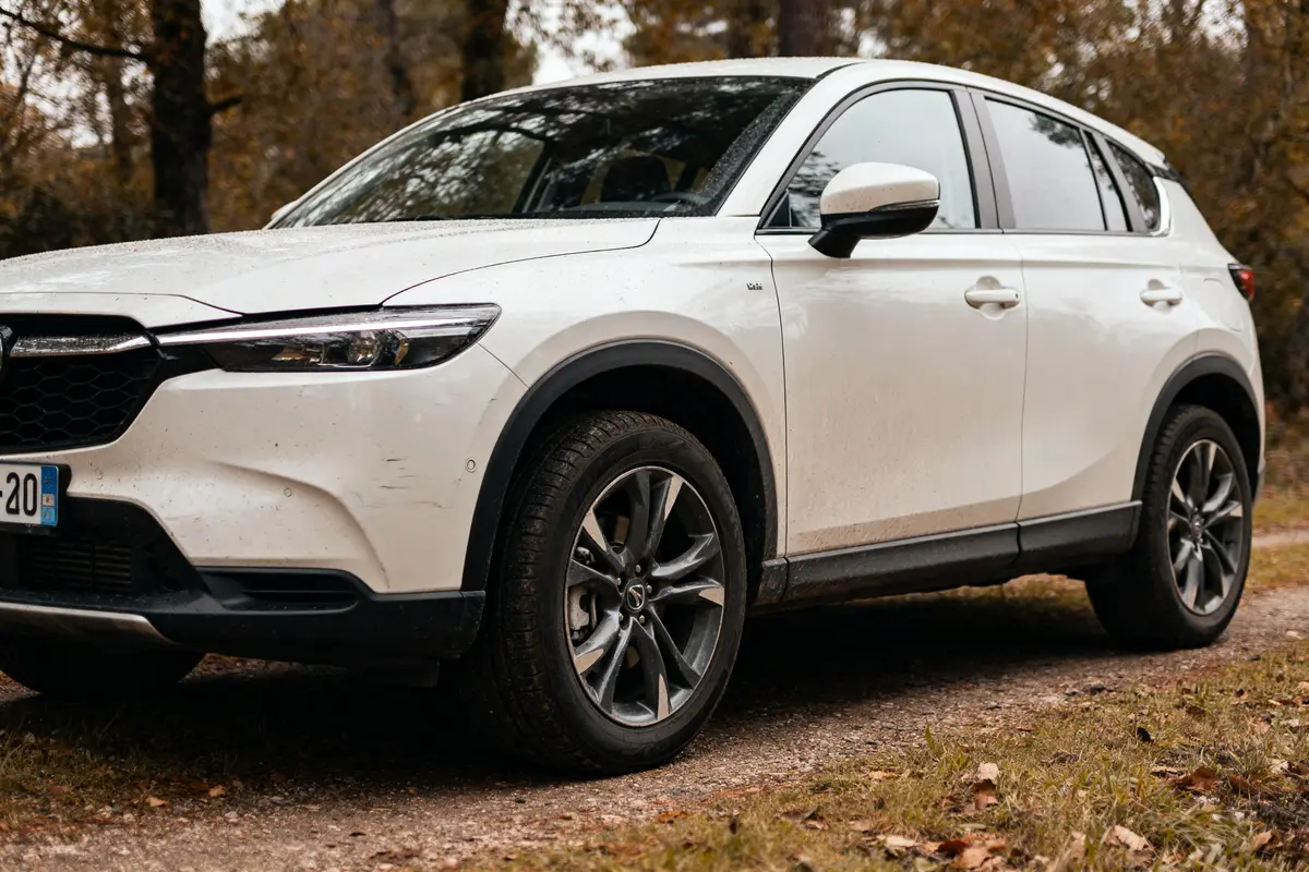 SUV occasion blanc stationné sur un chemin forestier en automne