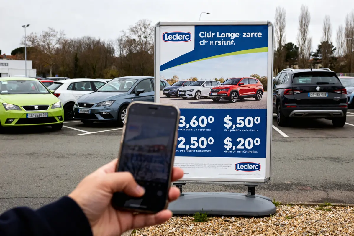 Panneau Leclerc affichant tarif de location de voiture longue durée avec voitures en arrière-plan