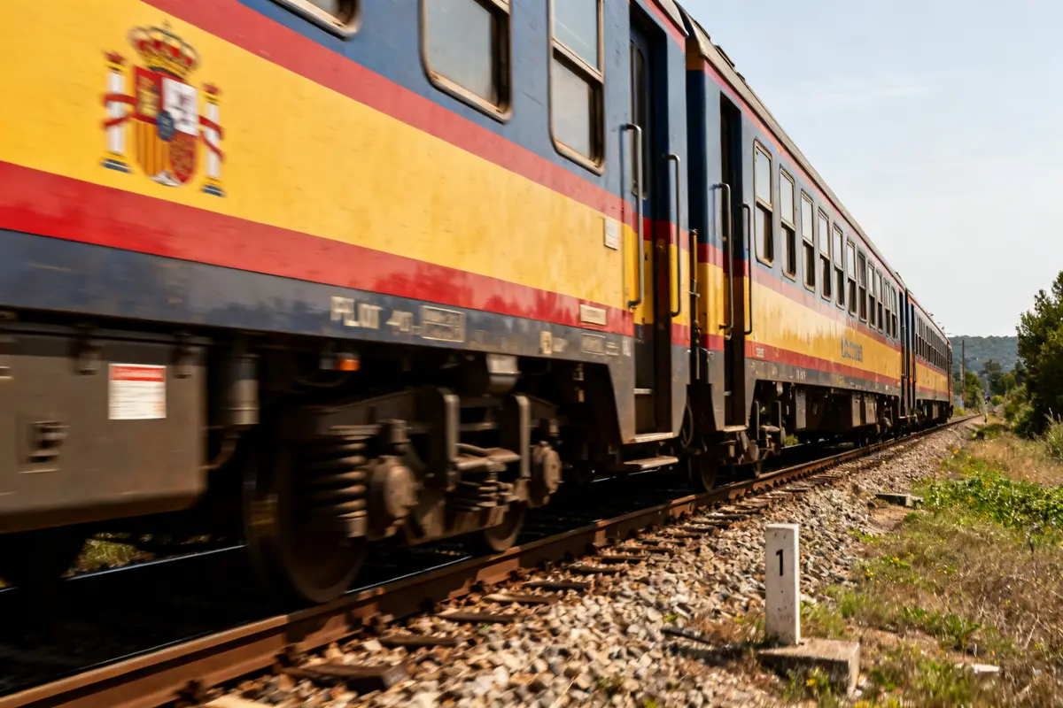 Train espanol coloré roulant à vive allure sur des voies ferrées en pleine nature