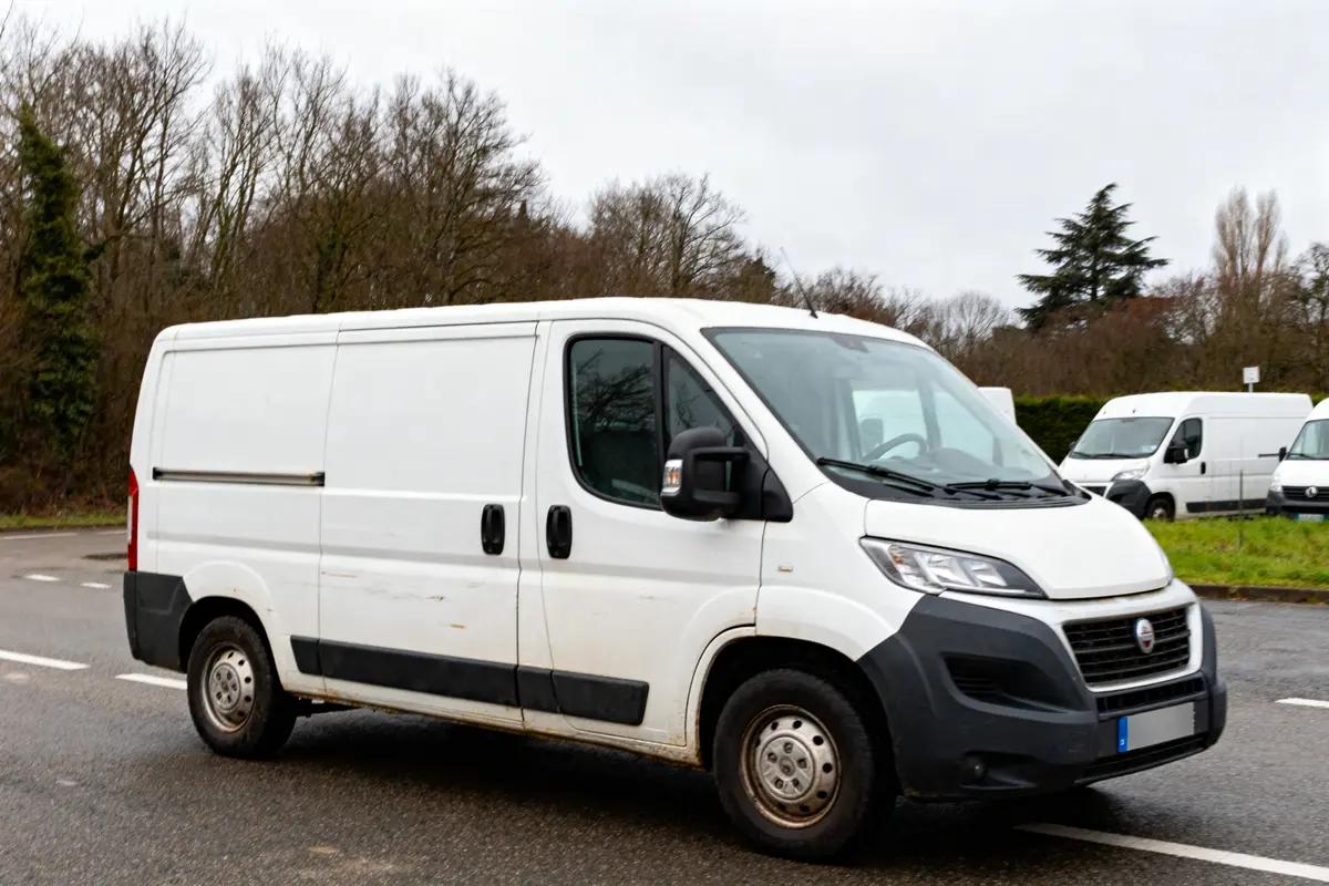 Fourgon blanc stationné sur route entourée d'arbres parmi d'autres utilitaires occasion disponibles