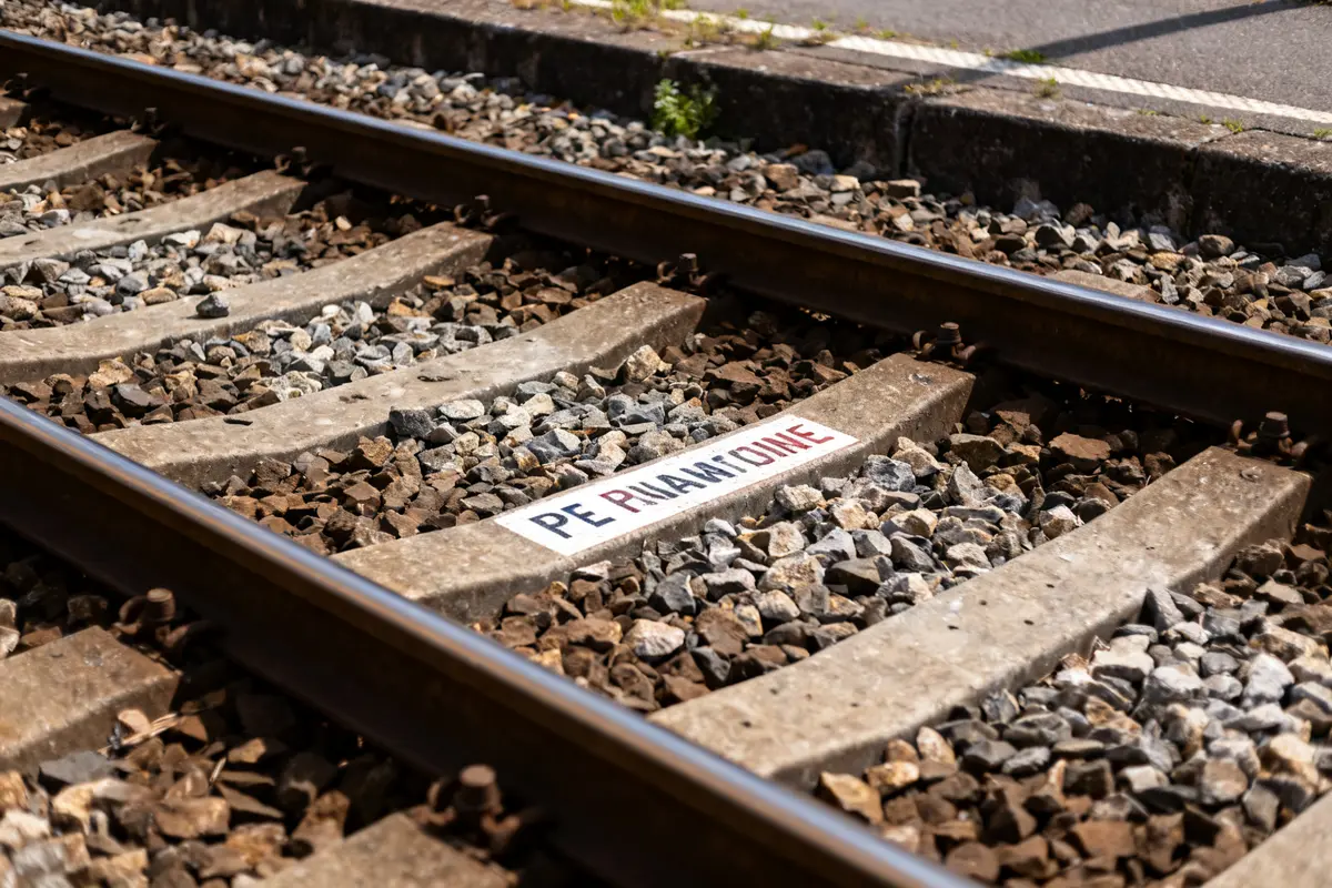 Ballast de voie ferrée avec inscription "PER RIMANONE" sur traverses en béton