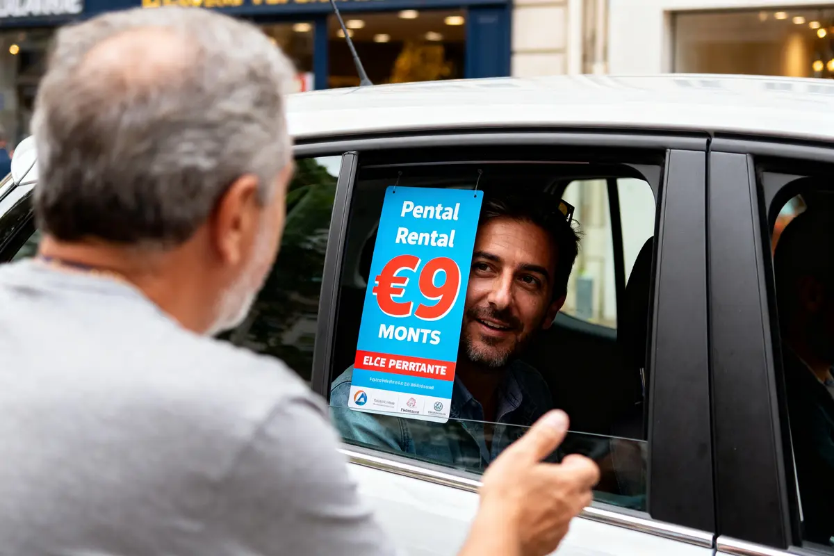 Homme discutant voiture à 59 euros par mois sans apport avec affichage publicitaire véhicule