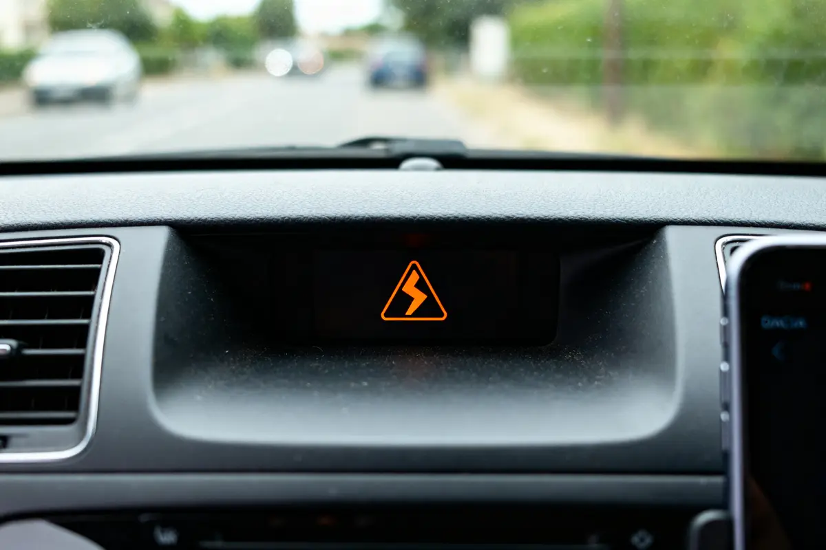 Tableau de bord avec voyant de voiture Dacia allumé en forme de triangle orange