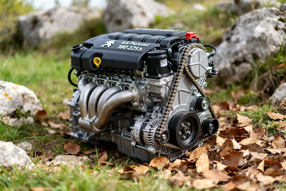 Moteur 1.6 puretech à l'extérieur sur un sol couvert de feuilles automnales