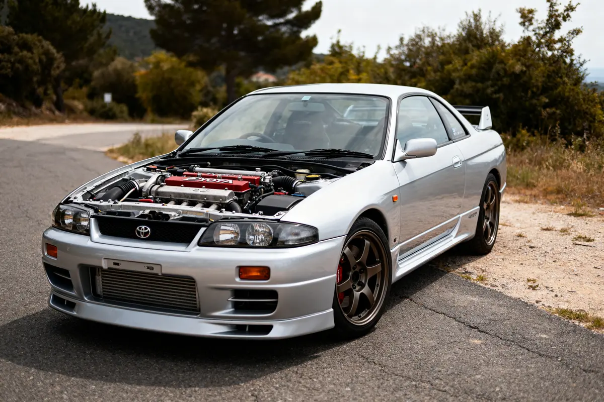 Voiture avec moteur 2JZ Toyota exposé sur une route rurale.