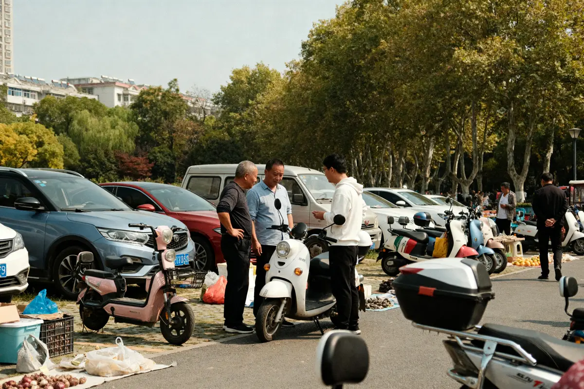 Personnes discutant près de scooters et voitures, recherche sur Autoscout24 pour comparatif véhicules.