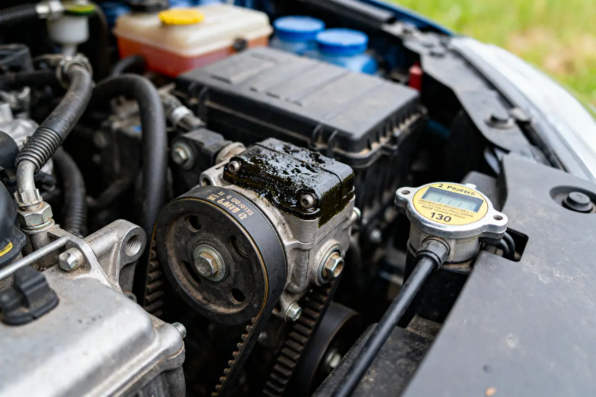 Gros plan moteur 1.2 PureTech 130 avec huile sur courroie impactant durée de vie.