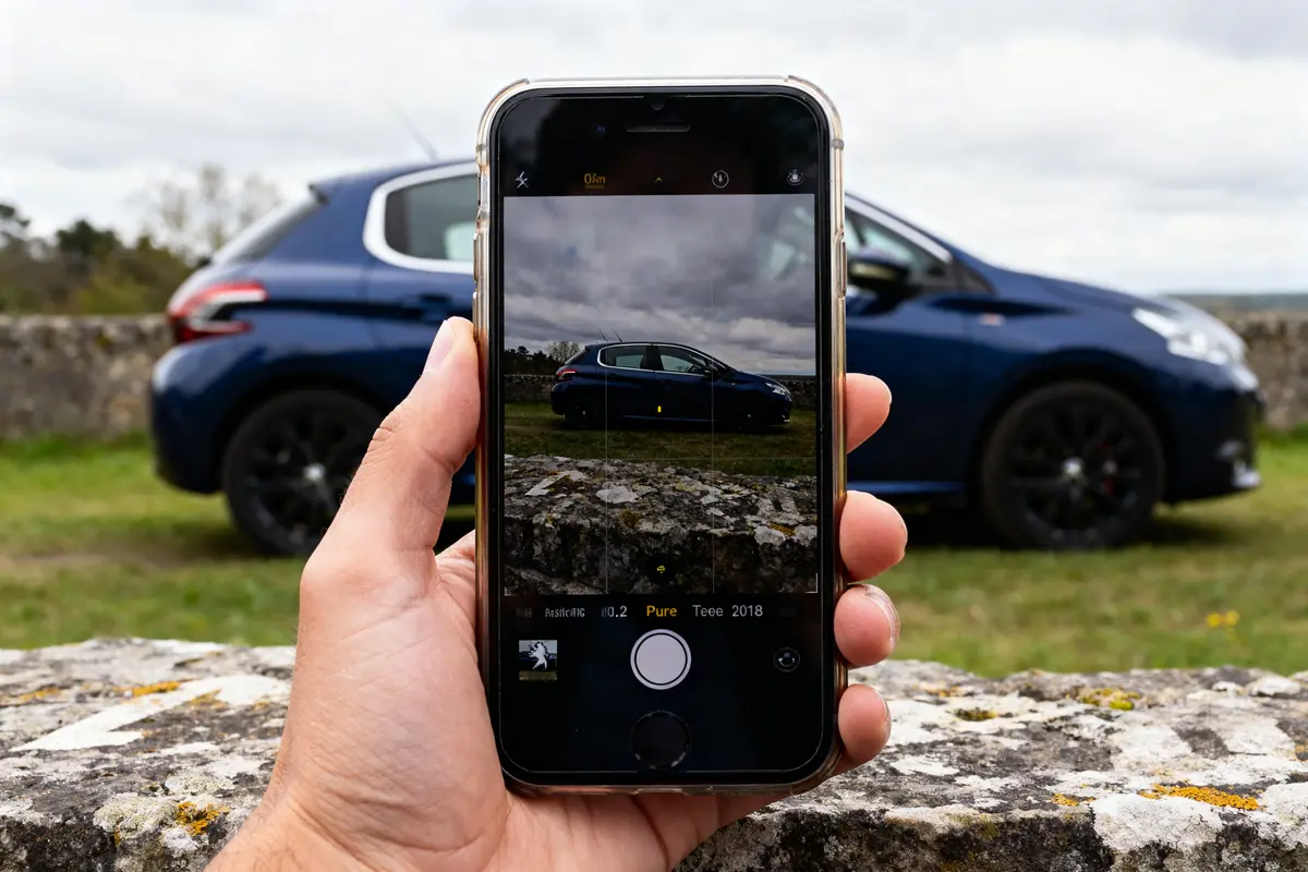 Main tenant un smartphone photographiant un modèle de 208 à éviter en extérieur paysage
