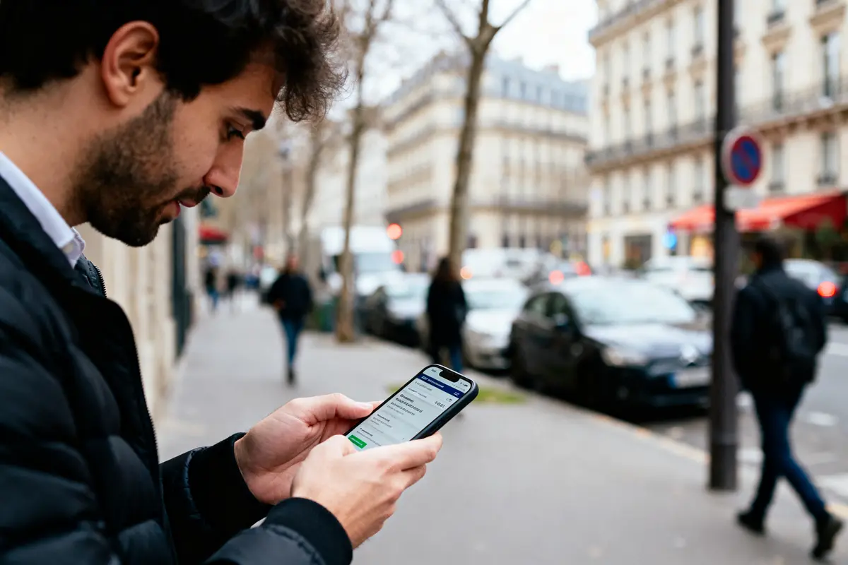 Un homme consulte son téléphone sur un trottoir pour savoir si on a une amende