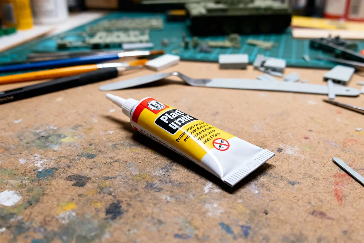 Tube de colle pour maquettes en plastique sur établi avec outils et pièces détachées