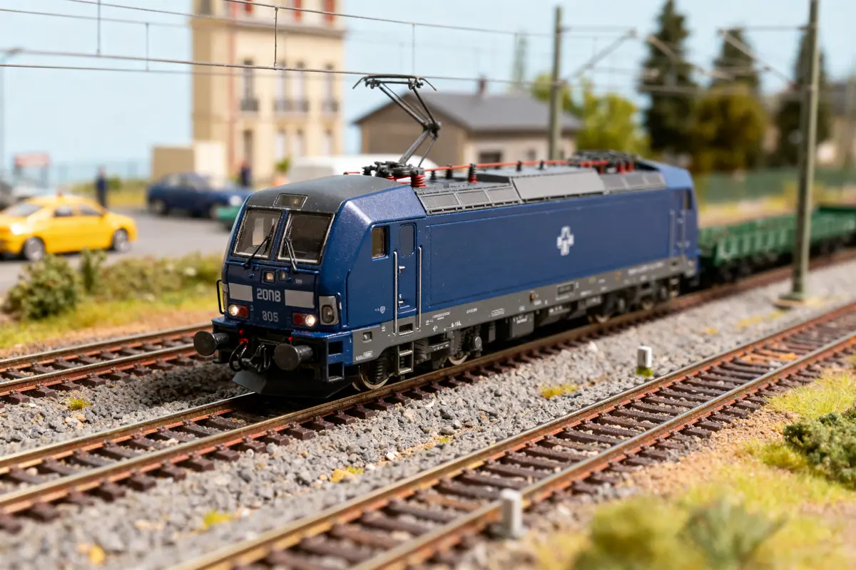Modèle réduit de train bleu roulant sur des rails devant bâtiments makd en arrière-plan