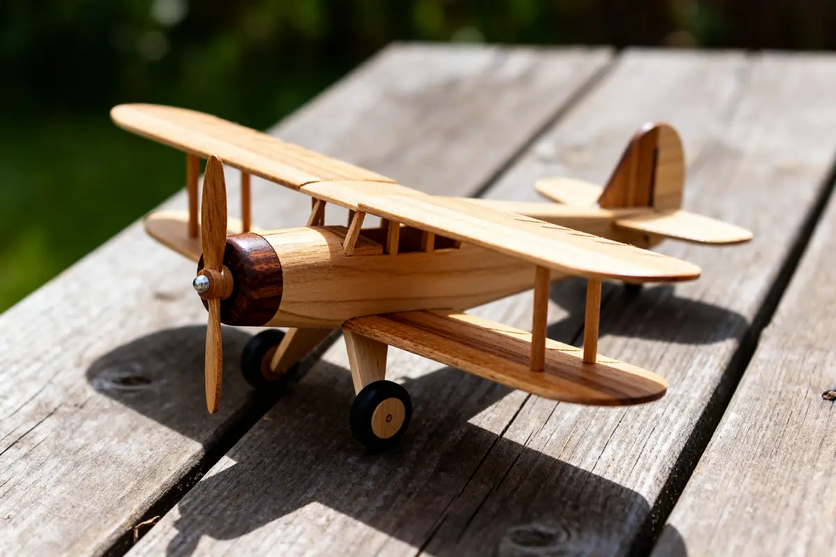 Modèle réduit en bois d'un avion biplan posé sur une table en extérieur